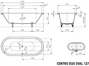 Ванна стальная Kaldewei Centro Duo Oval 170x75 mod. 127 anti-slip белый 282730000001, 2