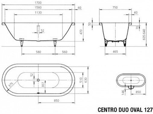 Ванна стальная Kaldewei Centro Duo Oval 170x75 mod. 127 anti-slip (полный) белый 282734010001