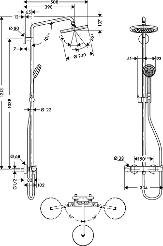 Душевая система с термостатом для душа Hansgrohe Croma 220 1jet хром 27185000 Душевая система с термостатом для душа Hansgrohe Croma 220 1jet хром 27185000