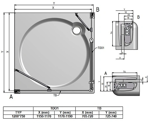 Душевое ограждение 1200x750мм прозрачное стекло Roltechnik Tower Line TDO1+TB/1200*750 724-1200000-00-02+725-7500000-00-02