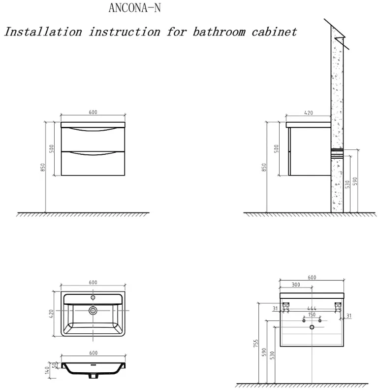 Тумба-умывальник подвесная BelBagno ANCONA-N 60 Rovere Bianco ANCONA-N-600-2C-SO-WO+EA-600-LVB, 2