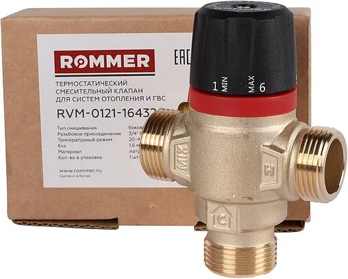 Трехходовой термостатический смесительный клапан ¾&quot; +20...+43°С Kvs 1.6 Rommer RVM-0121-164320