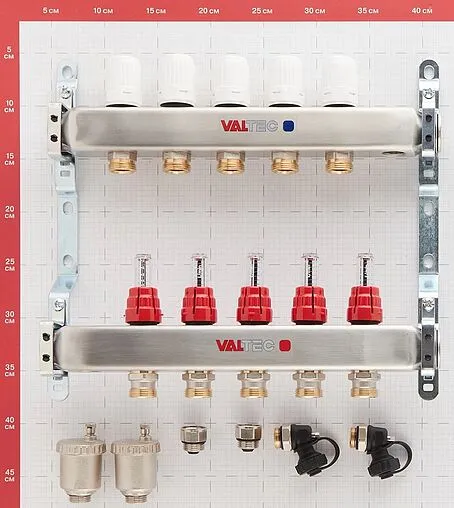 Группа коллекторная с расходомерами 5 отводов 1&quot;в/в x ¾&quot;ек Valtec VTc.586.EMNX.0605
