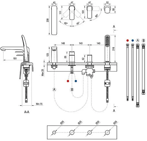 Смеситель на борт ванны на 4 отверстия Ravak Flat чёрный матовый X070176 Смеситель на борт ванны на 4 отверстия Ravak Flat чёрный матовый X070176