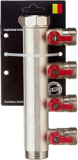 Коллектор запорный проходной 4 отвода красный 1&quot;в/н x ¾&quot;ек Henco VB060504-ROOD