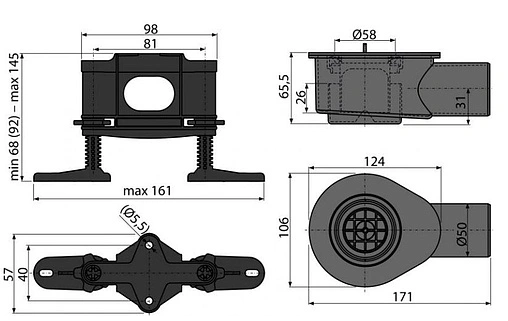 Сифон для лотка с регулируемыми ножками h=81мм 0.83л/сек AlcaPlast APZ-S9