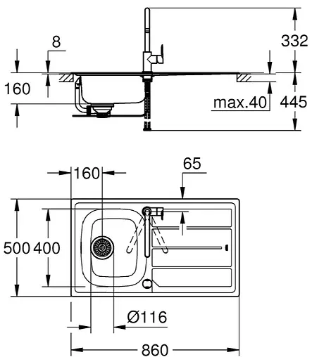 Мойка кухонная со смесителем Grohe K200-86 нержавеющая сталь 31562SD1