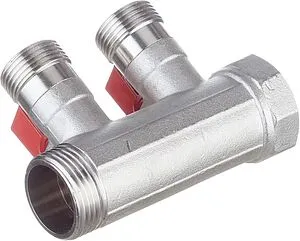 Коллектор запорный проходной 2 отвода красный 1"в/н x ¾"ек Henco VB060502-ROOD Коллектор запорный проходной 2 отвода красный 1"в/н x ¾"ек Henco VB060502-ROOD, 2