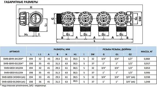 Коллектор регулирующий проходной 4 отвода 1&quot;в/н x ½&quot;к Stout SMB-6850-011204