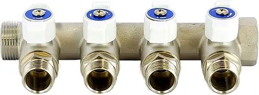 Коллектор запорный проходной 4 отвода ¾"в/н x ½"к Uni-fitt 420N3240 Коллектор запорный проходной 4 отвода ¾"в/н x ½"к Uni-fitt 420N3240