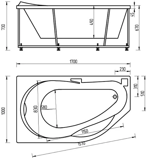 Ванна акриловая Aquatek Таурус 170х100 L с фронтальной панелью, с каркасом (разборный) TAR170-0000084