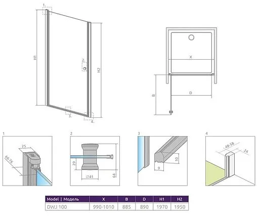 Дверь в нишу 1000мм прозрачное стекло Radaway EOS DWJ 100 37923-01-01N
