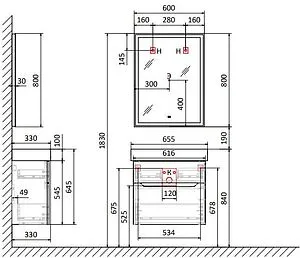 Тумба под умывальник подвесная Raval Brik 65 антрацит Brk.01.65/P/A/RL, 2