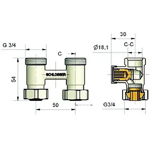 Узел нижнего подключения радиатора прямой ¾"ек x ¾"нг Schlosser Standard белый 600700022 Узел нижнего подключения радиатора прямой ¾"ек x ¾"нг Schlosser Standard белый 600700022, 2