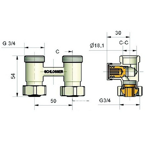 Узел нижнего подключения радиатора прямой ¾&quot;ек x ¾&quot;нг Schlosser Standard белый 600700022