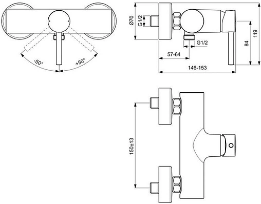 Смеситель для душа Ideal Standard Ceraline чёрный матовый/хром BC200XG Смеситель для душа Ideal Standard Ceraline чёрный матовый/хром BC200XG