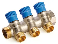 Коллектор регулирующий проходной 3 отвода синий ¾"в/н x ¾"н General Fittings 620057N0505B3H