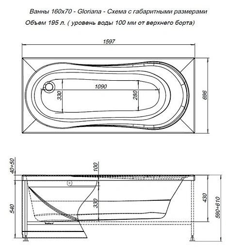 Ванна акриловая Aquanet Gloriana 160x70 00213324