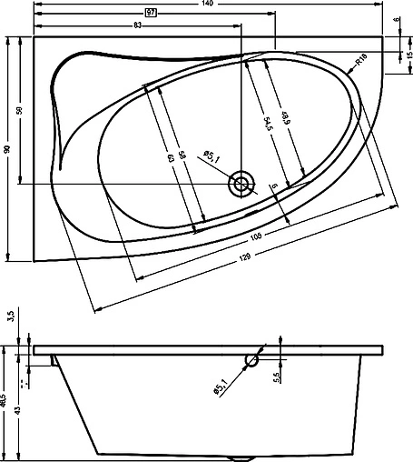 Ванна акриловая Riho LYRA 140x90 R B019001005