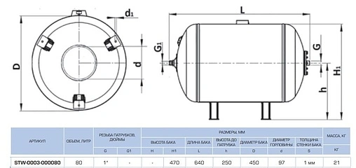 Гидроаккумулятор Stout 80л 10 бар STW-0003-000080