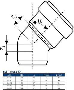 Отвод внутренний бесшумный D=58мм Угол 87° Ostendorf Skolan Safe SKB 332140, 2