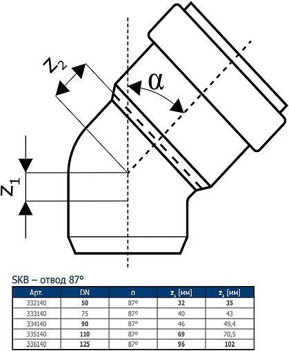 Отвод внутренний бесшумный D=58мм Угол 87° Ostendorf Skolan Safe SKB 332140