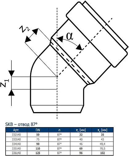 Отвод внутренний бесшумный D=110мм Угол 87° Ostendorf Skolan Safe SKB 335140