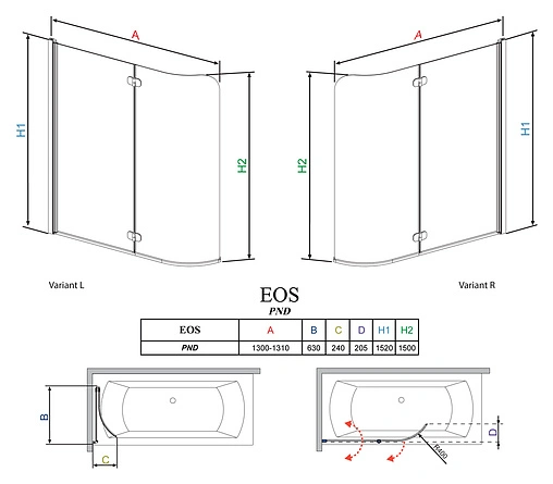 Шторка на ванну 1300мм прозрачное стекло Radaway Eos PND 130 R 205202-101R
