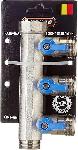 Коллектор запорный проходной 3 отвода синий ¾&quot;в/н x ¾&quot;ек Henco VB050503-BLAUW