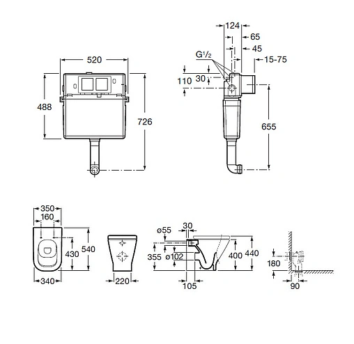 Комплект 5 в 1 Roca Gap 893109000 с кнопкой Dual 890095001 хром глянцевый