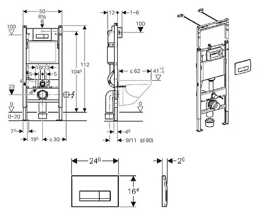 Инсталляция для подвесного унитаза Set 3 в 1 Geberit Duofix Plattenbau 458.125.21.1 с кнопкой Delta 51 хром