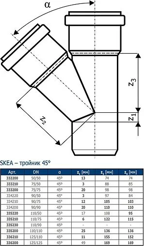 Тройник внутренний бесшумный D=110x58мм Угол 45° Ostendorf Skolan Safe SKEA 335220