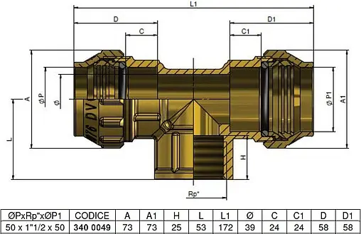 Тройник компрессионный переходной 50мм x 1½&quot;в x 50мм Tiemme 3400049