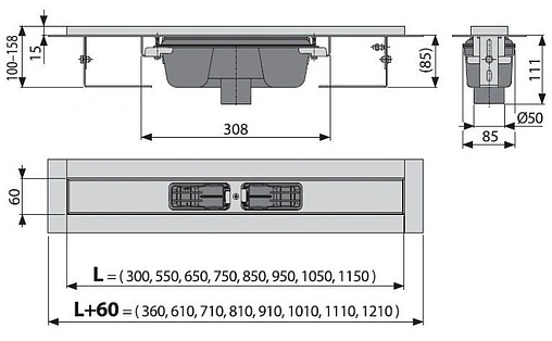 Лоток душевой 1150мм h=85мм 1.15л/сек AlcaPlast APZ1001-1150