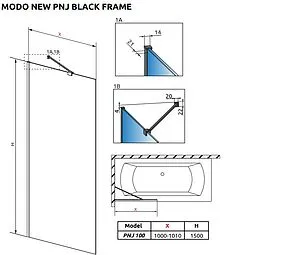 Шторка на ванну 1000мм прозрачное стекло Radaway Modo PNJ Black 100 Frame 10006100-54-56, 2