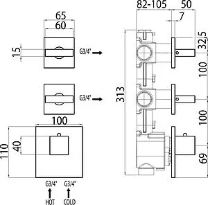 Термостат для 2 потребителей Bossini Rectangular хром Z033203.030, 2