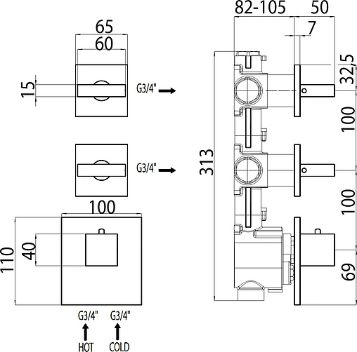 Термостат для 2 потребителей Bossini Rectangular хром Z033203.030