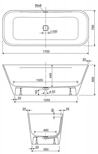 Ванна отдельностоящая из искусственного камня Cezares Titan-Square-170-70-57