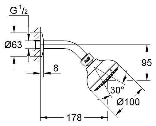 Лейка верхнего душа с настенным креплением Grohe New Tempesta 100 хром 26088000