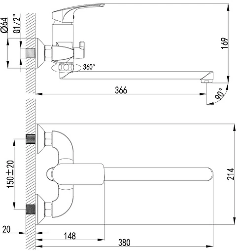 Смеситель для ванны с длинным изливом Lemark plus Shape хром LM1751C