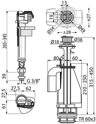 Комплект арматуры для бачка двухрежимный ⅜&quot; латунь нижний AlcaPlast SA08ASK ⅜&quot; CHROM