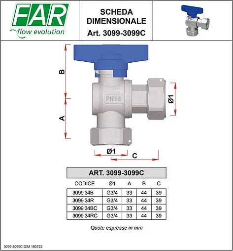 Кран шаровый с накидной гайкой угловой ¾&quot;нг x ¾&quot;нг синий Far FS 3099 34BC