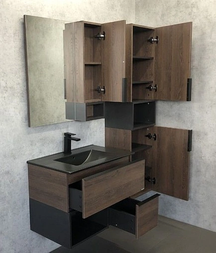 Тумба-умывальник подвесная Comforty Франкфурт 75 дуб шоколадно-коричневый/чёрный 00-00000889CF Тумба-умывальник подвесная Comforty Франкфурт 75 дуб шоколадно-коричневый/чёрный 00-00000889CF