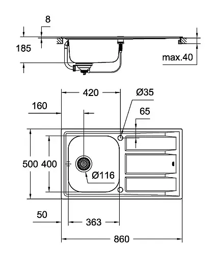 Мойка кухонная Grohe К400-86 нержавеющая сталь 31566SD0