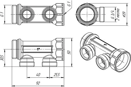 Коллектор распределительный проходной 2 отвода 1&quot;в/н x ¾&quot;ек Valtec VTc.500.NE.060502