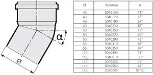 Отвод внутренний бесшумный D=40мм Угол 15° Sinikon 504013.K, 2
