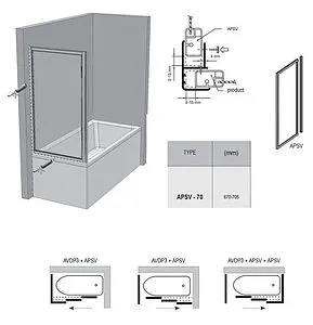 Боковая стенка 700мм прозрачное, матовое стекло Ravak Supernova APSV-70 9501010241, 2