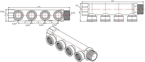 Коллектор распределительный проходной 4 отвода ¾&quot;в/н x ½&quot;в Valtec VTc.550.N.0504