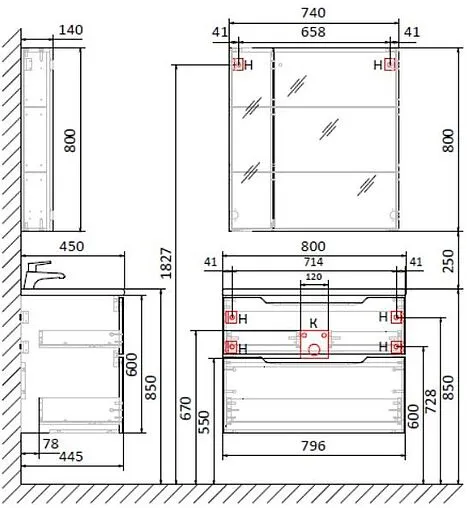 Тумба-умывальник подвесная Raval Wector 80 антрацит Wct.01.80/P/A/MD+4627173210188
