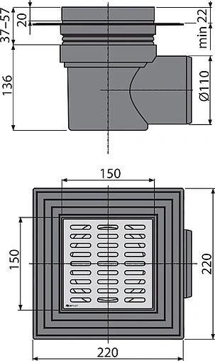 Трап горизонтальный Set AlcaPlast 150x150мм APV12